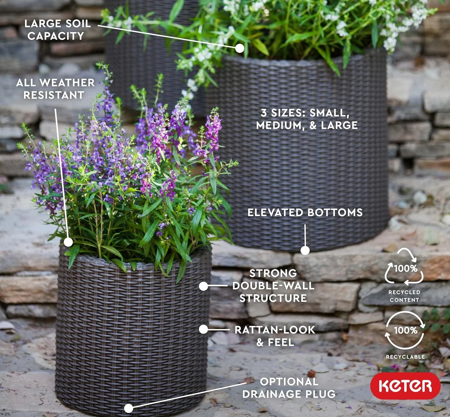 Keter Cylinder Planter- Set of 3 (S+M+L) - Dark Brown - Image 3