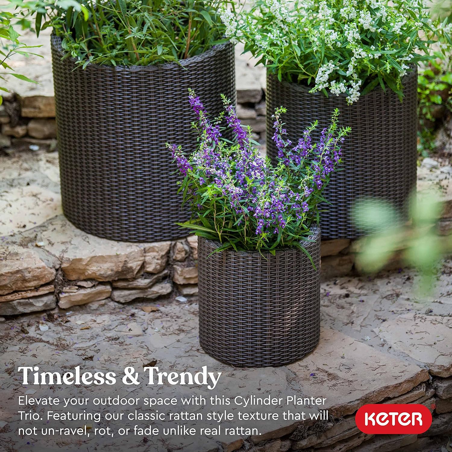 Keter Cylinder Planter- Set of 3 (S+M+L) - Dark Brown - Image 4